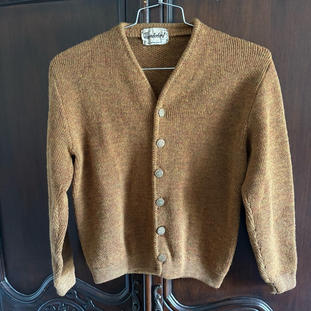 Men’s Vintage 60's Columbia Knit Thunderbird Wool Cardigan Sweater Gold Medium